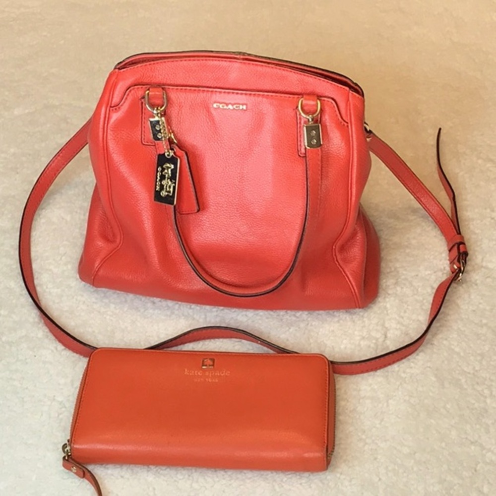 Coach deep coral purse with matching Kate Spade wallet